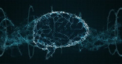 Animation of a digital glowing blue 3d human brain and double helix DNA