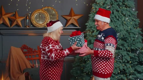 Senior Couple Exchanging Christmas Gifts by Tree