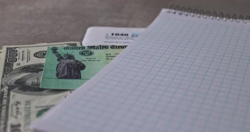 Tax Form, Check and Cash Money Close Up