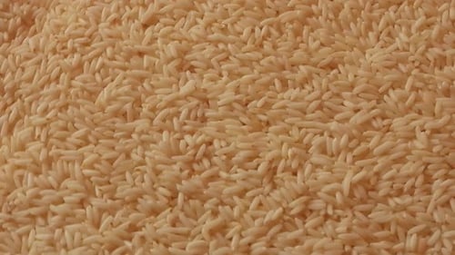 Top view of pile of raw white rice rotating. Static, close up