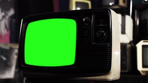 Old TV Set with Green Screen. Sepia Tone to Color. 4K Version.