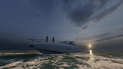 Realistic 3D Yacht Sailing on Ocean at Sunset