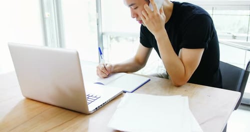 Adult Working At Home, Phone Call, Writing