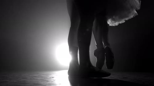 Gros plan d'un couple de danseurs de ballet alors qu'ils pratiquent des exercices sur une scène sombre
