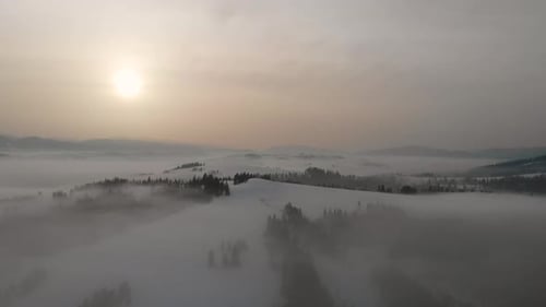 Aerial Drone View to Fog and Clouds Over Carpathian Mountains