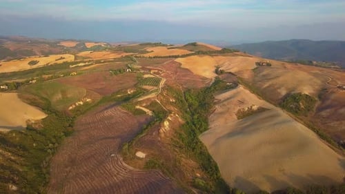 Aerial Nature Landscape Beautiful Hills Forests Fields and Vineyards of Tuscany, Italy