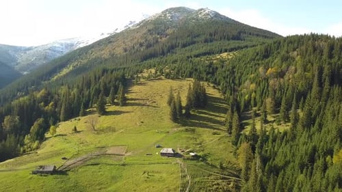 High mountain peaks covered with autumn spruce forest and high snowy summits.