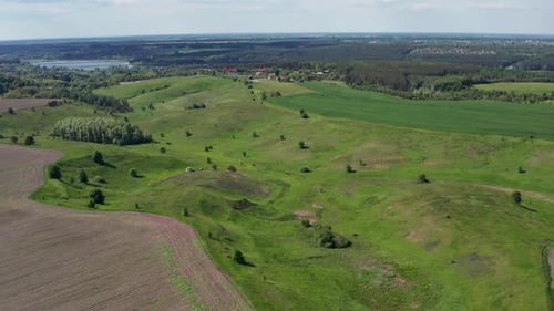 A beautiful flight in the spring on a quadcopter over a field with green grass