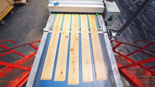 Wood Planks Moving Through Machine on Conveyor Belt