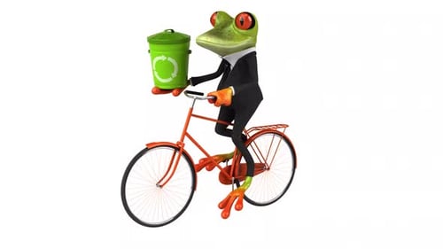 3D Frog Character Riding Bicycle With Recycling Bin