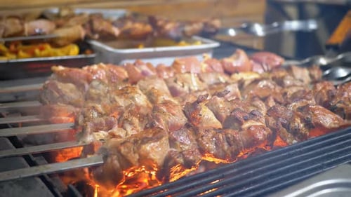 Shish Kebab Cooked on the Grill on the Street Market