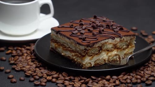 Tiramisu Cake, Coffee, and Coffee Beans Close Up