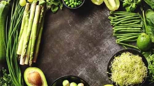 Green Healthy Food Composition with Avocado, Broccoli, Apple, Smoothie...