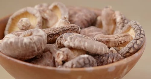 Dried Shiitake Mushrooms Rotating in Bowl