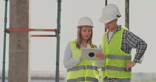 Construction Site Team or Architect and Builder or Worker with Helmets Discuss on a Scaffold
