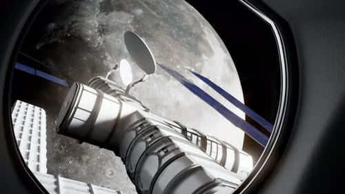Wunderschöner Blick auf den Mond aus dem Inneren einer Raumstation. Erkundung des Universums.