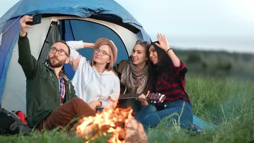 Friends Camping, Taking Selfie, Playing Guitar