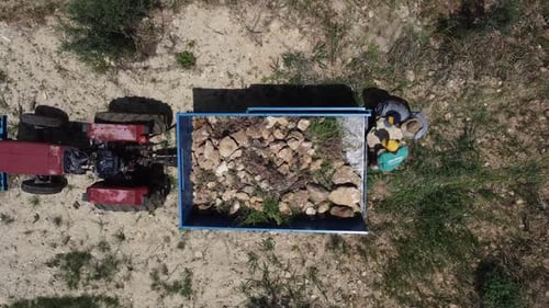 Workers Sort Through Rocks in Tractor Trailer Aerial