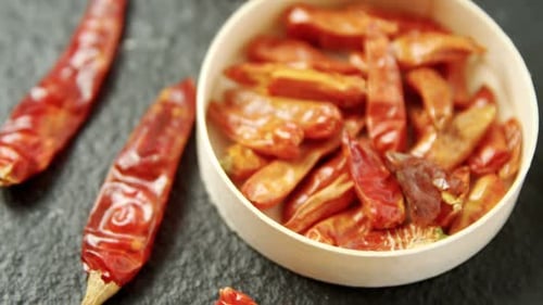 Dried Red Chili Peppers in Bowl Close Up