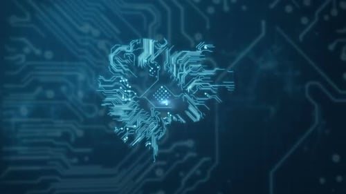Glowing Electronic Brain Circuitry on Blue Background