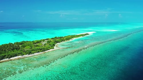 Wide fly over travel shot of a paradise sunny white sand beach and aqua blue ocean background in col