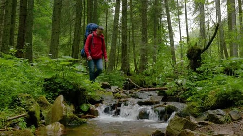 A Man with a Backpack Crosses a Mountain Stream in the Forest
