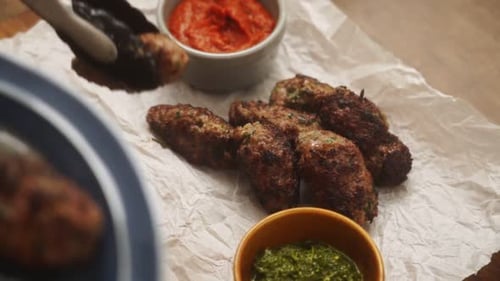 Grilled Kofta Kebabs with Sauces on Parchment Paper