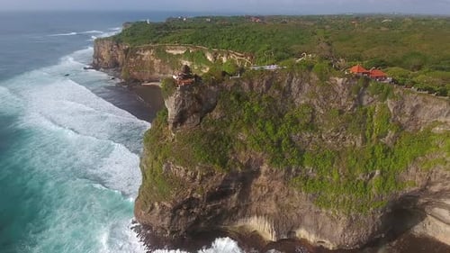 Aerial view of buildings on the top of a rock cliff, Bali, Indonesia.