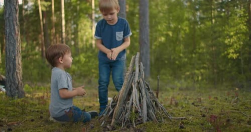 Two Boys Brothers 3-6 Years Old in the Forest Collect and Set Up Campfire Sticks at Sunset During a