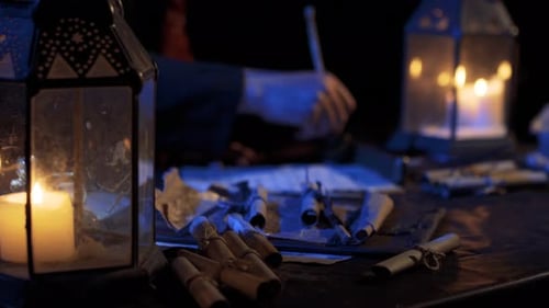 Candle Lit Desk with Writing and Parchments