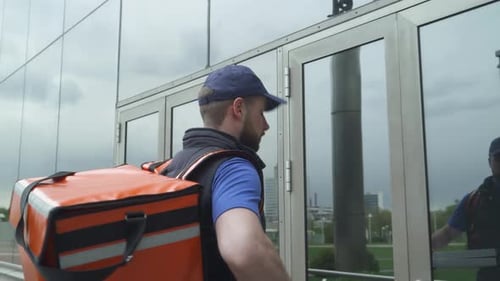 Courier Delivers Pizza in Cardboard Boxes To the Office, the Process of Food Delivery, Food Delivery