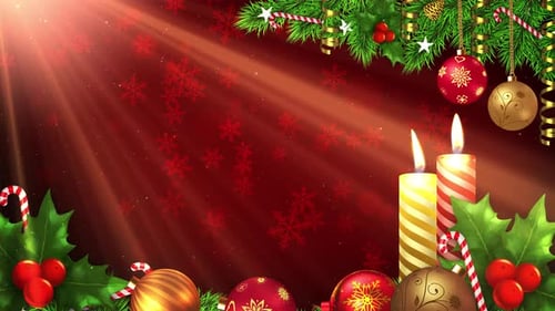Festive Christmas Background with Candles, Holly, and Ornaments