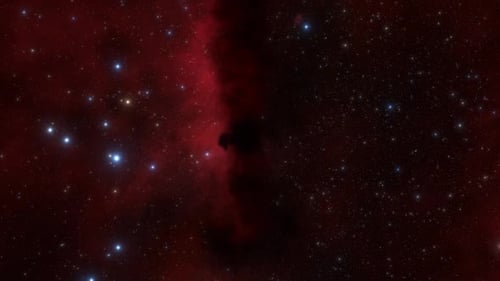 Flying Through Red Cosmic Nebula and Bright Stars