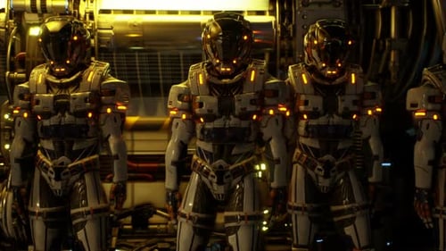 Sci-Fi Space Troopers with Glowing Armor in Futuristic Station