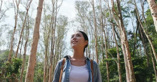 Frau blickt auf den Wald im Wanderweg
