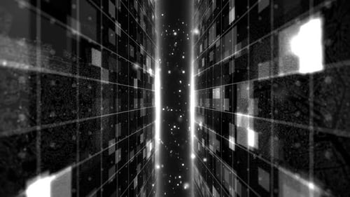 Abstract Digital Grid Tunnel with Glowing Data Stream