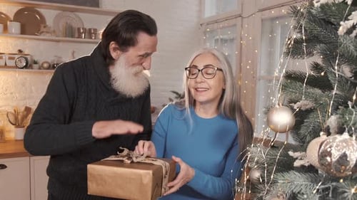 Senior Couple Exchanging Christmas Gifts at Home
