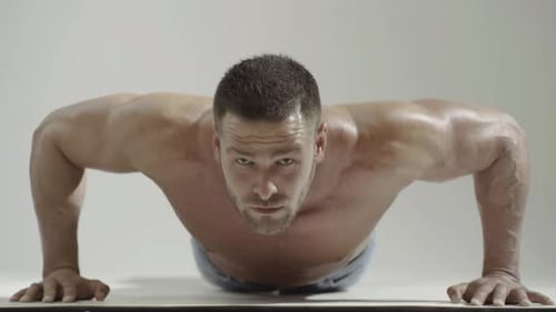 Man Training Push-ups. Strong Man or Muscular Guy. Sexy Male Bare Torso. Shirtless Athletic Hot