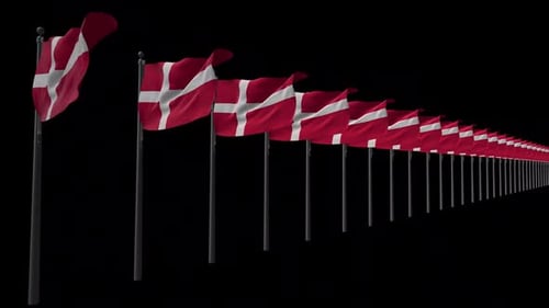 Line of Waving Danish Flags on Alpha Channel