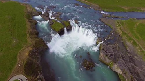 Drone Aerial Footage of the Godafoss Waterfall in North Iceland