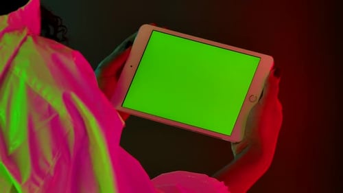 View From Behind African American Woman Holding White Tablet Her Hand Touching Green Screen Chroma