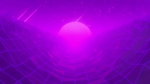 Retro Futuristic Grid Landscape with Neon Sun and Shooting Stars Background