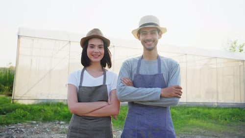 Portrait of Asian farmer couple people work in vegetables green salad in hydroponic greenhouse farm.