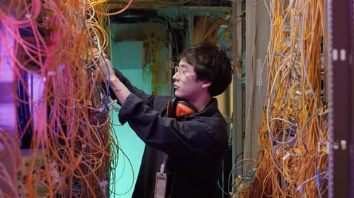 Technician Working on Cables in Server Room
