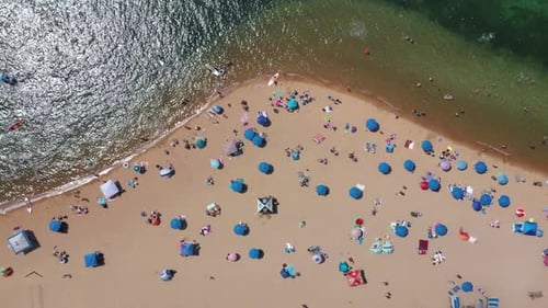 Tropical Beach With Umbrellas - Holiday Concept - aerial top down