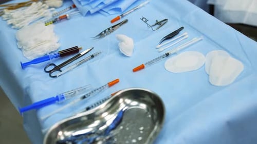 Close up of the surgical instruments. Scalpel and scissors and syringes and needles and clamps.