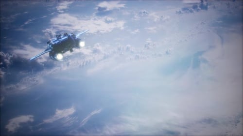 Futuristic Spaceship Flying Above Earth in Space