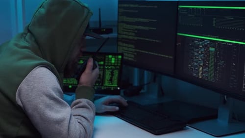 Hacker de computador anônimo usando laptop para ataques cibernéticos e chamadas no celular