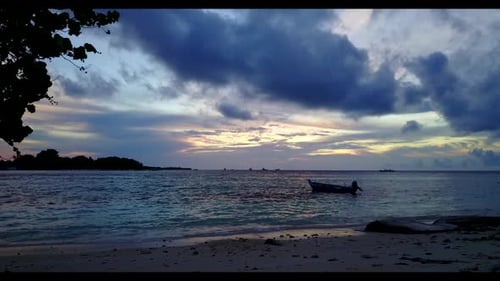 Aerial drone shot tourism of paradise shore beach holiday by shallow ocean with white sandy backgrou