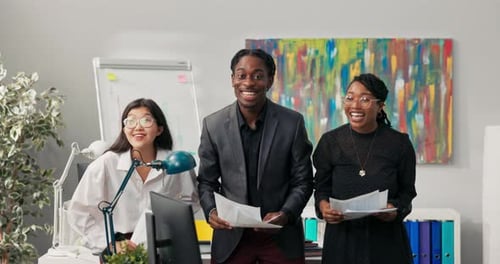 Happy Joyful Satisfied Employees of Corporations of Different Nationalities Skin Color Laugh Enjoy